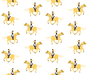 Vector seamless pattern of flat cartoon blond girl woman riding a galloping horse isolated on white background