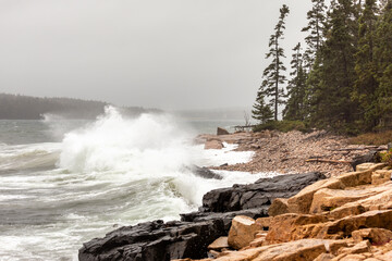 Gale force winds whip up crashing waves along the rocky coast of Schoodic Point Maine near Acadia National Park