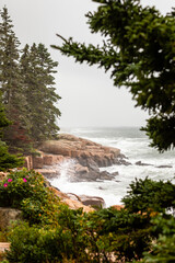 Gale force winds whip up crashing waves along the rocky coast of Schoodic Point Maine near Acadia...
