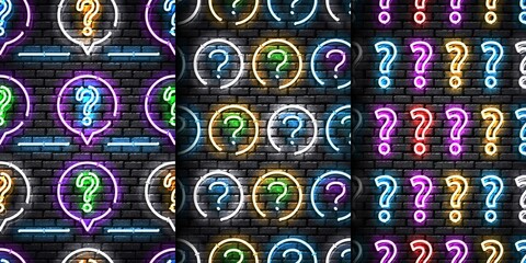 Vector realistic isolated neon sign of seamless pattern with questions for template decoration and covering on a seamless wall. Concept of trivia night and question. - obrazy, fototapety, plakaty