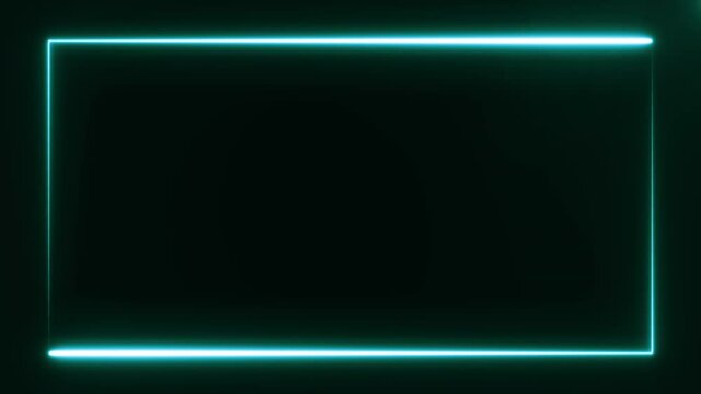 bright azure neon lines on black background are forming rectangle frame at the screen border. Abstract backdrop 3D rendering 4k video.