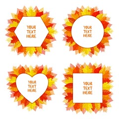 Autumn frames with leaves. Fall wreaths. Invitation templates with yellow and orange leaves. Bright backgrounds. For the design of banners, invitations, cards, flyers. Isolated on white.