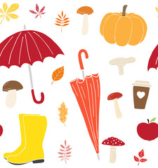 Vector seamless pattern of different color hand drawn doodle sketch autumn elements isolated on white background