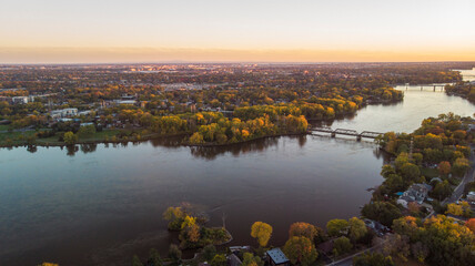Canadian autumn, aerial view of Laval city in Quebec