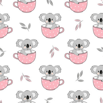 Seamless pattern with cute on koala bears in cups. Baby print