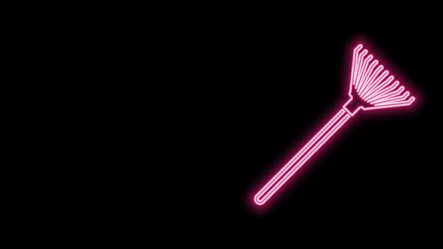 Glowing neon line Garden rake for leaves icon isolated on black background. Tool for horticulture, agriculture, farming. Ground cultivator. 4K Video motion graphic animation