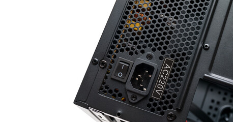 Computer part for system unit assembly, power supply for computer close-up, choice of quiet silent reliable power supply, close up