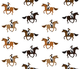 Vector seamless pattern of different flat cartoon girl woman riding a galloping chestnut brown horse isolated on white background