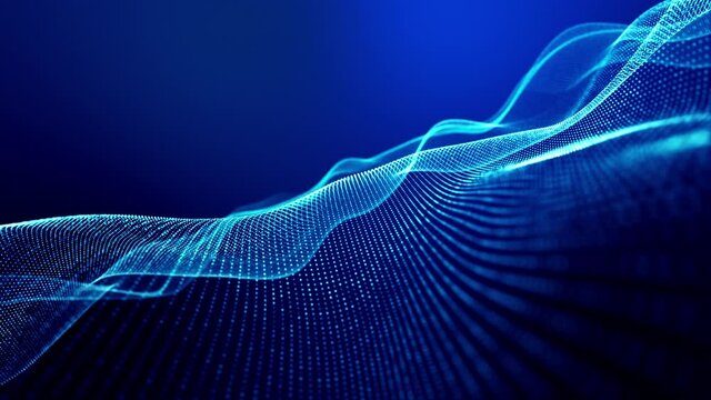 4k looped abstract background of glow particles form lines, surfaces as futuristic landscape in cyberspace or hologram. Sci-fi theme of microworld, nanotechnology or cosmic space. Blue