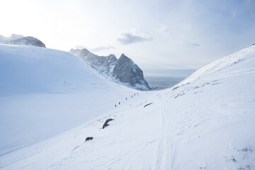 Fototapeta na wymiar Winter landscape on the Lofoten. Mountain range in Norway. Travel during the winter. 
