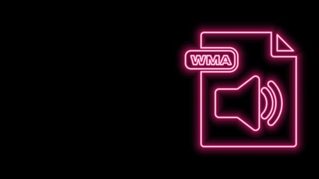 Glowing neon line WMA file document. Download wma button icon isolated on black background. WMA file symbol. Wma music format sign. 4K Video motion graphic animation