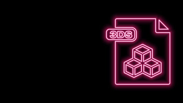 Glowing neon line 3DS file document. Download 3ds button icon isolated on black background. 3DS file symbol. 4K Video motion graphic animation