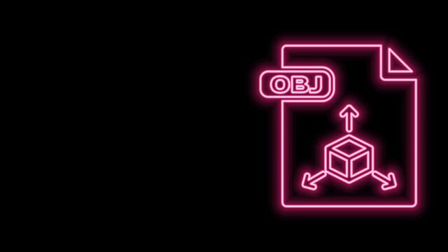 Glowing neon line OBJ file document. Download obj button icon isolated on black background. OBJ file symbol. 4K Video motion graphic animation
