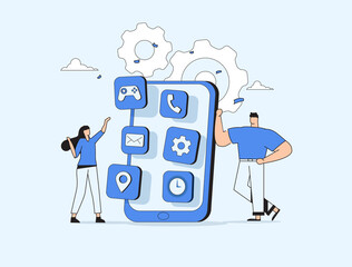 Business People Creative Team Putting App Icons on Huge Smartphone Screen. Designers Develop Application for Mobile.