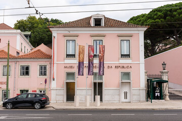 Beautiful view to pink old historic city buildings in central Lisbon
