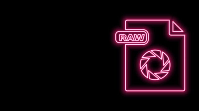 Glowing neon line RAW file document. Download raw button icon isolated on black background. RAW file symbol. 4K Video motion graphic animation