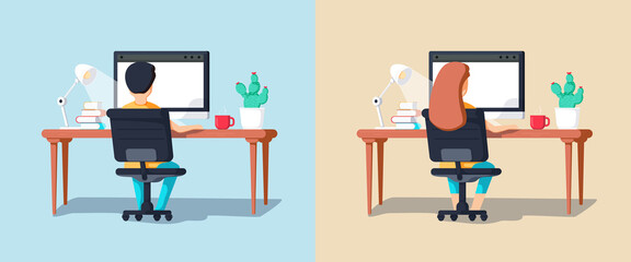 Fototapeta na wymiar Working at home, coworking space, concept illustration. Young people, man and woman freelancers working on laptops.