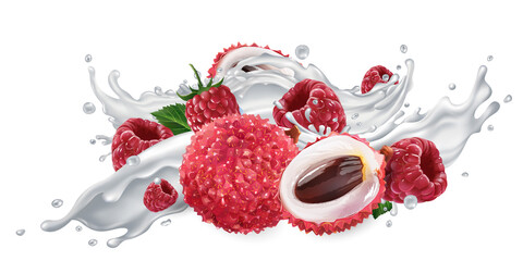 Lychee and raspberries in a yogurt or milk splash.