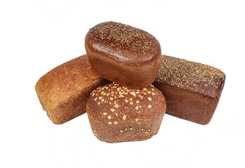 Bakery product. Bread. Beautiful composition with different bread on a white background. Isolate. Space for text. Top view and copy space for text.