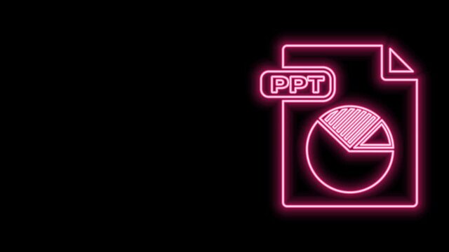 Glowing neon line PPT file document. Download ppt button icon isolated on black background. PPT file presentation. 4K Video motion graphic animation