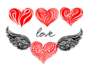 Fototapeta na wymiar Heart red tattoo object. Valentine sign. Heart with wings. Design element. Vector illustration.