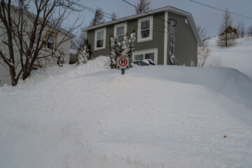 St. John's, Newfoundland/Canada - October 2020: A green wooden historic house with white trim. There's snow piled up in front of the house from a recent snowstorm with a no parking sign is on a pole.