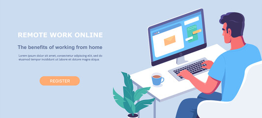 Young man remote works online isometric vector illustration 