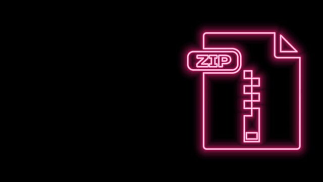 Glowing neon line ZIP file document. Download zip button icon isolated on black background. ZIP file symbol. 4K Video motion graphic animation