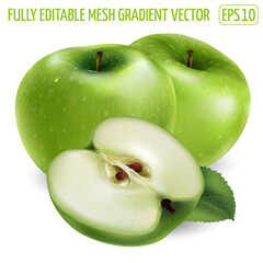 Two green apple and a slice on white background.