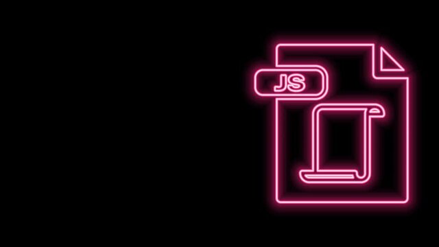 Glowing neon line JS file document. Download js button icon isolated on black background. JS file symbol. 4K Video motion graphic animation
