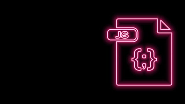 Glowing neon line JS file document. Download js button icon isolated on black background. JS file symbol. 4K Video motion graphic animation