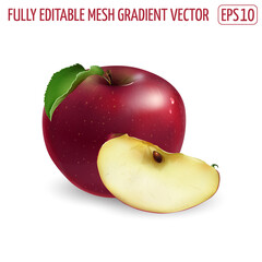Whole red apple with a slice on white background.