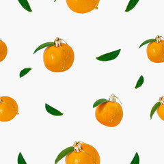 Christmas mandarin decor flying on white backdrop. Seamless pattern, winter holiday ornament