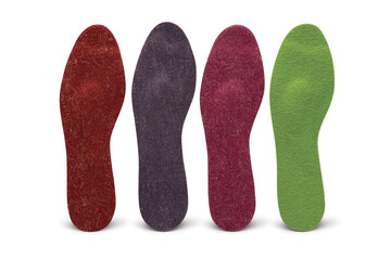 colorful insoles on a white background. Treatment and prevention of flat feet and foot diseases. Foot care, comfort for the feet. Wear comfortable shoes. Medical Orthopedic insoles.