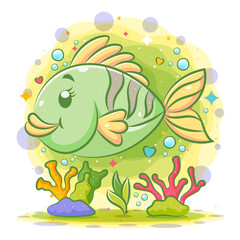 Little green clown fish swim under the beautiful sea