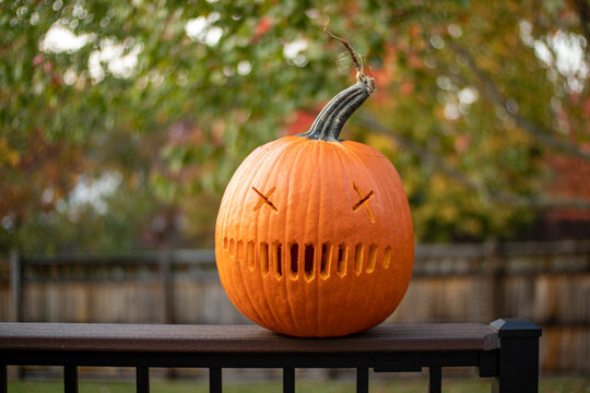 Carved Halloween pumpkin with fall leaves background