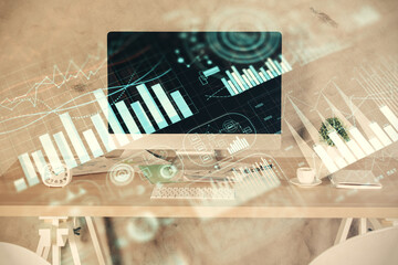 Multi exposure of financial graph drawing and office interior background. Concept of market analysis.