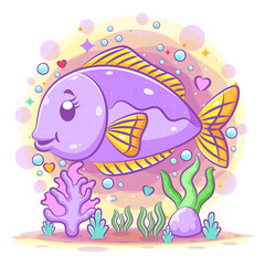 Purple salmon is swimming with the happy face