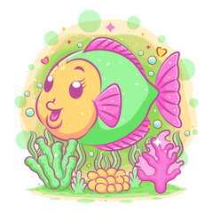 The colorful discus fish swims with the big smile