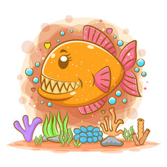 Beautiful orange piranha swim deep in the sea