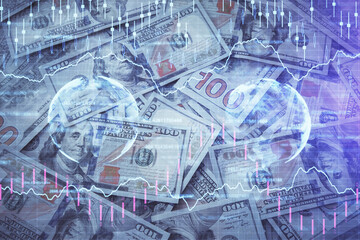Double exposure of forex graph drawing over us dollars bill background. Concept of financial markets.