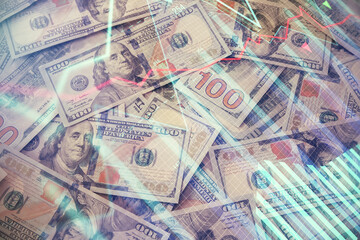Multi exposure of forex chart drawing over us dollars bill background. Concept of financial success markets.