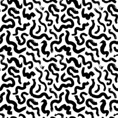 Black paint freehand scribbles vector seamless pattern. Wavy lines and round shapes, dry brush stroke texture. Abstract monochrome wallpaper design, trendy textile print. Wavy and swirled brush stroke