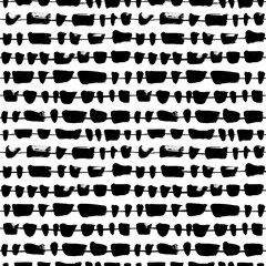 Horizontal lines with abstract splotch vector seamless pattern. Black and white simple dotted lines background. Stripes with blots in the form of a garland. Creative wallpaper, textile print design