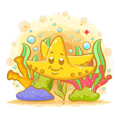 The illustration of the yellow starfish around the seaweed