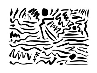 Doodle wavy brush strokes vector collection. Dirty curved lines and dots. Abstract monochrome acrylic swirl smudges, wavy freehand lines isolated on white background. Hand drawn daubs collection