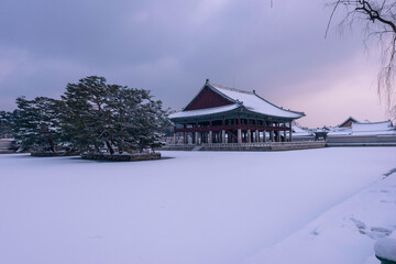 Snow in winter at Gyeongbokgung Palace in Seoul ,South Korea