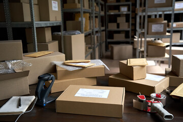 Distribution warehouse background, commercial shipping order boxes for dispatching on stockroom table, post courier delivery package, dropshipping commerce retail store shipment storage concept. - obrazy, fototapety, plakaty