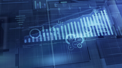 Blue corporate background with an array of growth infographics.