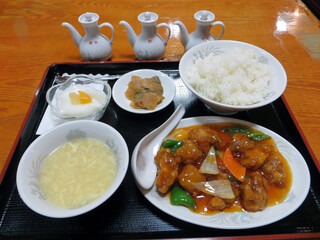 Sour pork, egg soup and rice
